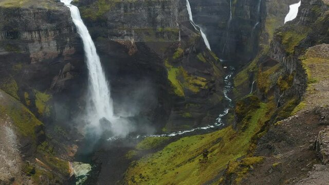 Haifoss waterfall in Iceland, Aerial view. Natural wonder Landmannalaugar canyon.