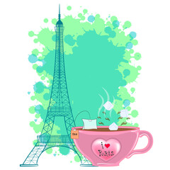Fototapeta na wymiar Eiffel Tower and a cup of tea. Vector illustration.