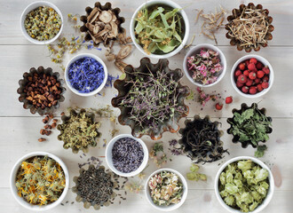 Assortment of dried herbs: blossom, root and seed, flat on the table, lavender, chamomile, lime,...