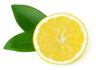 Fototapeta na wymiar Ripe juicy yellow lemon slices with green leaves isolated on a white background