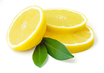 Ripe juicy yellow lemon slices with green leaves isolated on a white background