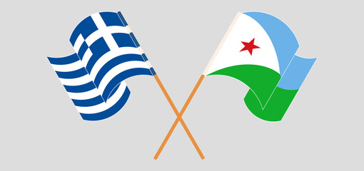 Crossed and waving flags of Greece and Djibouti