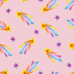 Cute childish pattern with stars on a pink background. Bright seamless pattern with watercolor stars. For wrapping paper, wallpaper, textiles and more.
