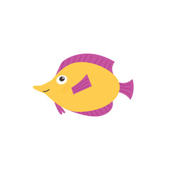 Yellow funny fish with purple fins.Sea and ocean animal creature aqua fauna. Vector flat isolated illustration