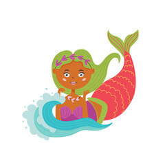 Cute mermaid lies on the wave. Fairy sea creature girl with a tail. Vector flat character