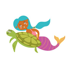 Obraz premium Cute mermaid swims with a turtle. Fairy sea creature girl with a tail. Vector flat character