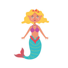 Cute mermaid with yellow blonde hair. Fairy sea creature girl with a tail. Vector flat character