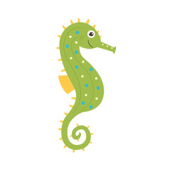 Naklejka premium Funny green-yellow seahorse. Sea and ocean animal creature aqua fauna. Vector flat isolated illustration