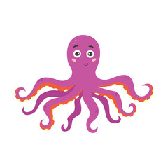 Funny purple smiling octopus. Sea and ocean animal creature aqua fauna. Vector flat isolated illustration