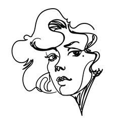 vector illustration with one line, portrait of a woman with a mole and curly hair