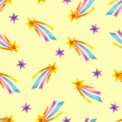 Fototapeta na wymiar Cute childish pattern with stars on a yellow background. Bright seamless pattern with watercolor stars. For wrapping paper, wallpaper, textiles and more.