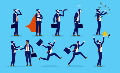 Businessman character set - Collection of illustrations with a man in different mood states and situations. Vector illustration. 