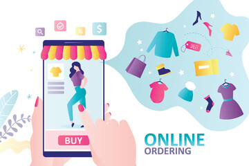 Mobile app to buy various clothes. Female model show product on smartphone screen. Concept of online ordering, shopping and discount