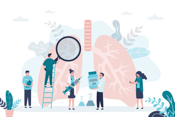 Group of of pulmonologists check condition and treat lungs. Doctor with magnifying glass examines respiratory organ. - obrazy, fototapety, plakaty