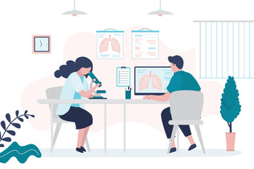 Pulmonologists identify diseases in lungs. Medical staff examines lungs with equipment. Respiratory organ on laptop screen
