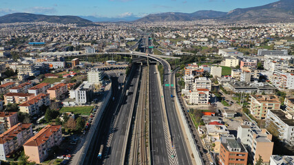 Fototapeta na wymiar Aerial drone photo of modern Attiki Odos toll road interchange with National road in Attica, Athens, Greece