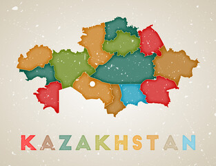 Kazakhstan map. Country poster with colored regions. Old grunge texture. Vector illustration of Kazakhstan with country name.