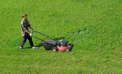 Aerial drone view of gardener mowing overgrown lawn with motorized lawnmower in the garden....