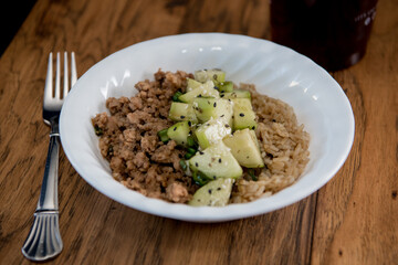 ground pork meal with cucumbers and brown rice