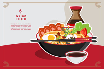 Traditional chinese soup with noodles, Noodle Soup in Chinese Bowl Asian Food Vector illustration