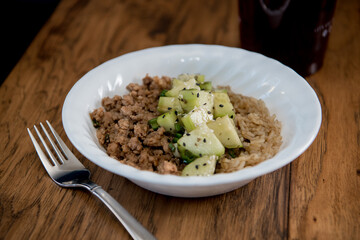 ginger pork with cucumbers and rice