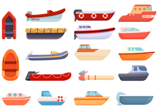 Rescue boat icons set. Cartoon set of rescue boat vector icons for web design