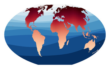 World Map Vector. McBryde-Thomas flat-polar quartic pseudocylindrical equal-area projection. World in red-orange gradient on deep blue ocean waves. Awesome vector illustration.