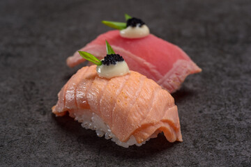 Sushi nigiri tataki rolls closeup