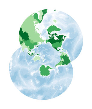 World Map. Modified stereographic projection for the Pacific ocean. World in green colors with blue ocean. Vector illustration.