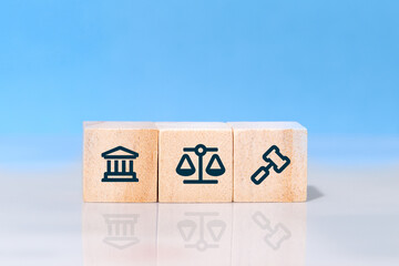 Concept of law and justice. Wooden block cube shape with icon law legal justice