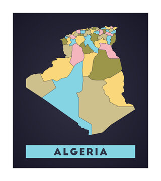 Algeria map. Country poster with regions. Shape of Algeria with country name. Amazing vector illustration.