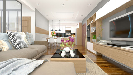 3d render of modern home interior, living and dining room
