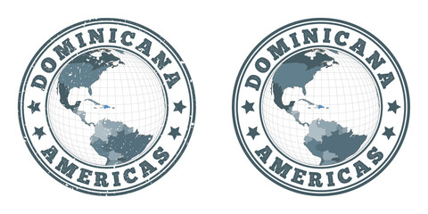 Obraz premium Dominicana round logos. Circular badges of the country with a map of the Dominican Republic in a world context. Plain and textured country stamps. Vector illustration.