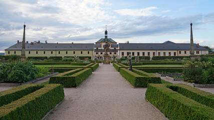 Kuks baroque spa building with famous sculptures and ornamental garden panoramic view, Czech Republic