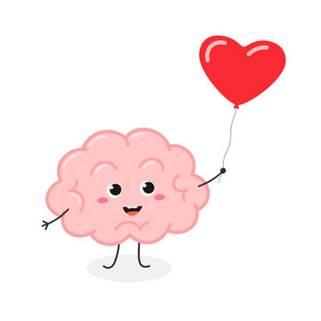Cute brain character with red heart balloon