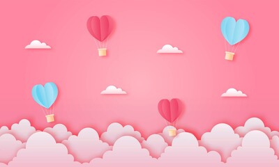 Obraz na płótnie Canvas paper cut happy valentine's day concept. landscape with cloud and heart shape hot air balloons flying on pink sky background paper art style. vector illustration. 