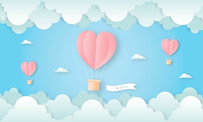 Fototapeta na wymiar paper cut happy valentine's day concept. landscape with cloud and heart shape hot air balloons flying on blue sky background paper art style. vector illustration. 
