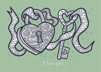 Valentines Day coloring book doodle antistress hand drawn lock and key with heart shape. Zen tangle style. Greeting card.