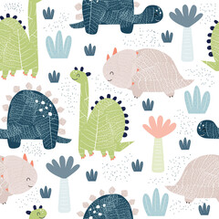 Seamless pattern with cute dinosaurs. Childish print. Vector hand drawn illustration. © bilaaa