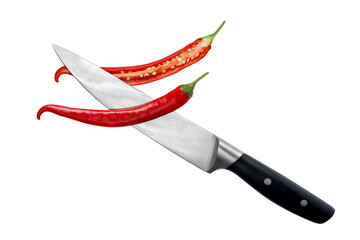 Isolated chili pepper on a white background. Cut in half with a knife. Red, hot. Capsicum....
