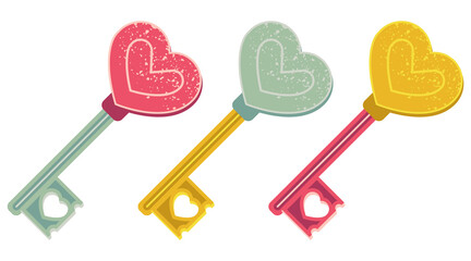 Valentines Day theme Set of keys with heart shape isolated on white.