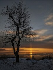 Sunset on the freezing Volga river