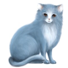 cute blue cat with charming eyes, hand drawn animalistic illustration