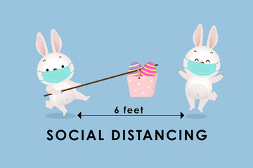 COVID-19 and social distancing infographic with cute bunny and rabbit wear surgical mask. Animal easter holidays cartoon character in flat style. Corona virus protection. -Vector