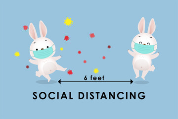COVID-19 and social distancing infographic with cute bunny and rabbit wear surgical mask. Animal easter holidays cartoon character in flat style. Corona virus protection. -Vector