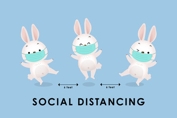 COVID-19 and social distancing infographic with cute bunny and rabbit wear surgical mask. Animal easter holidays cartoon character in flat style. Corona virus protection. -Vector