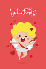 Happy Valentine's Day greeting card with cute cupid character. Love holidays cartoon collection. -Vector