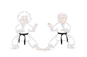 Cute cartoon style old man and old woman Karate master in fighting stance.Healthy lifestyle.Vector illustration.