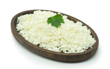 Turkish traditional homemade cottage cheese in bowl isolated on white background, healthy dairy product