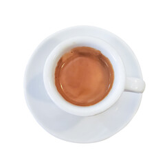 espresso coffee. Close up of coffee cup and saucer. Top view, isolated on white